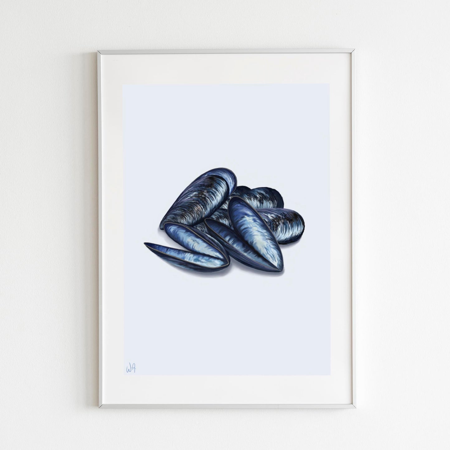 Framed artwork of blue mussel shells on a light blue background