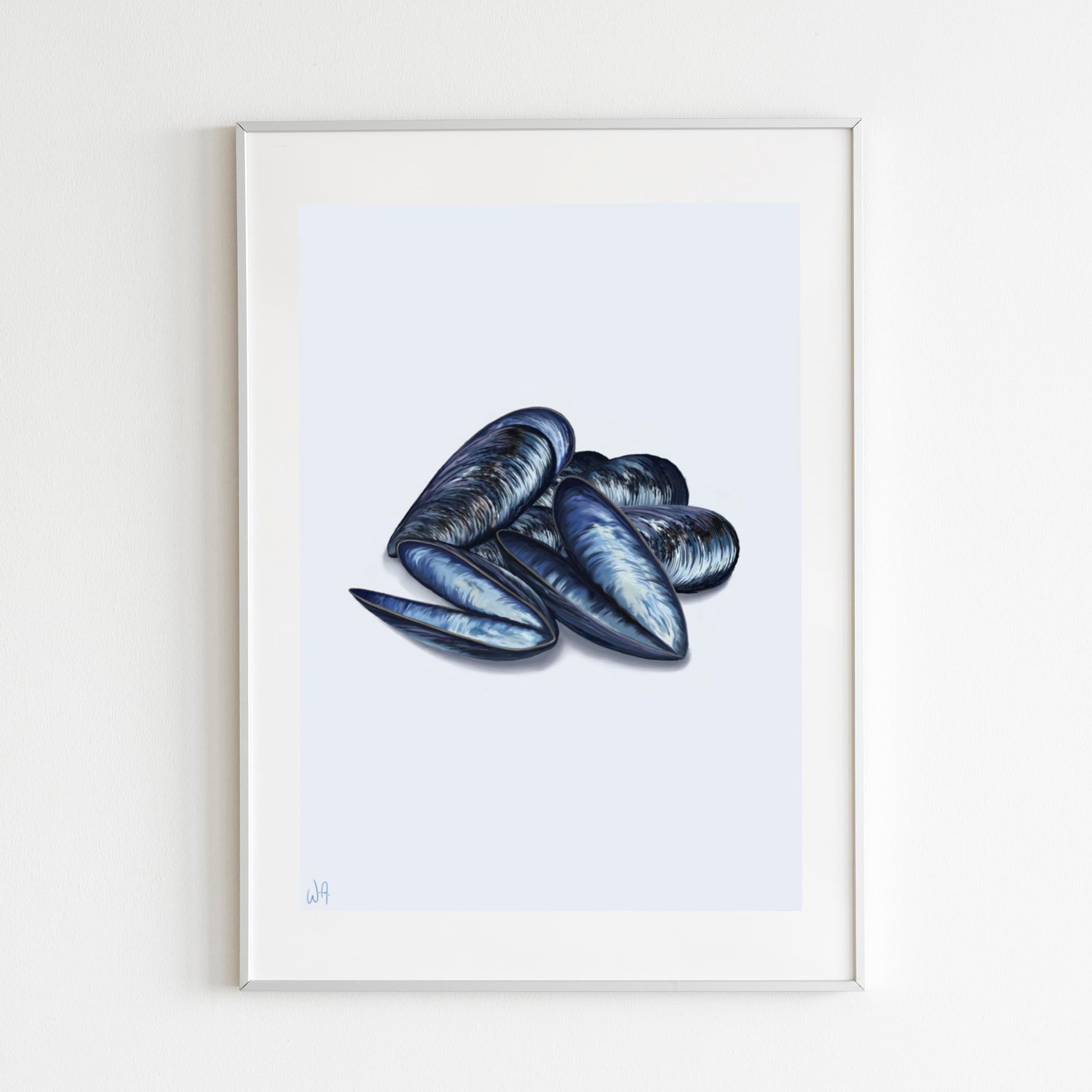 Framed artwork of blue mussel shells on a light blue background