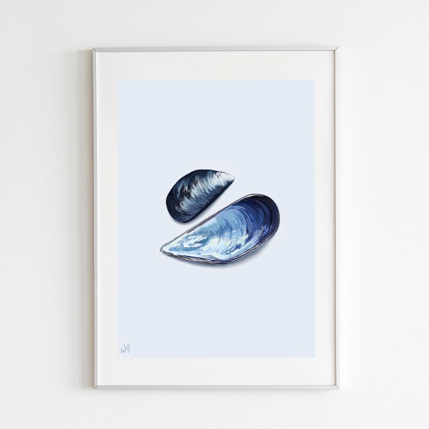 Framed artwork of two mussel shells on a light background