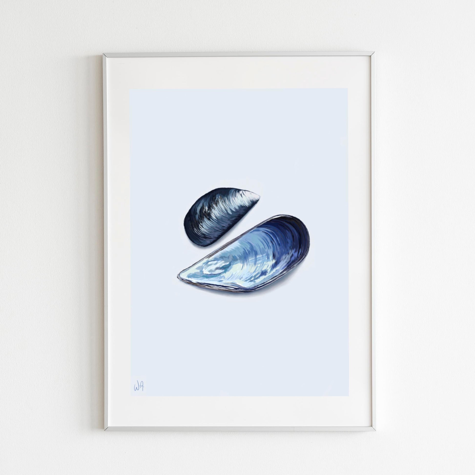 Framed artwork of two mussel shells on a light background