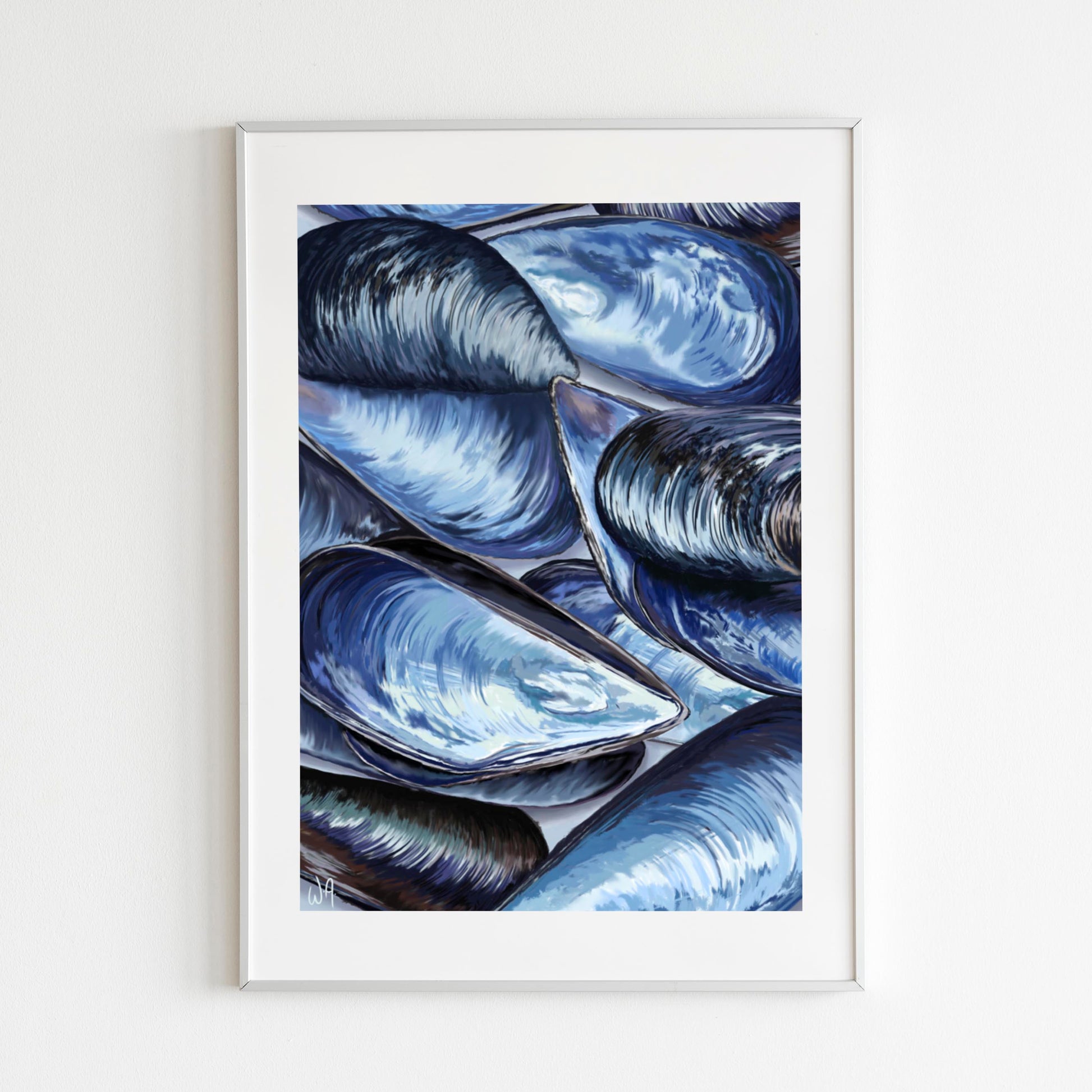 Framed artwork of blue mussel shells on a white background